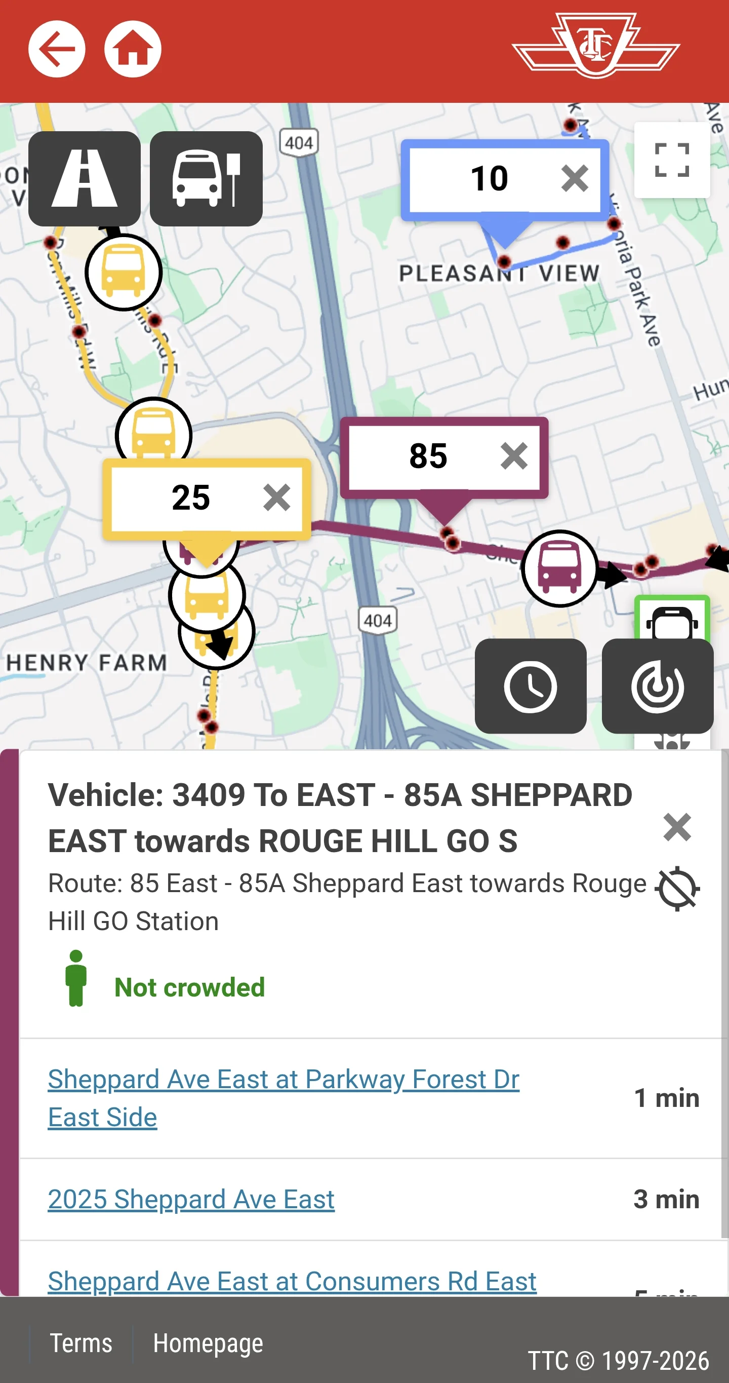 TTC official website: clicking a vehicle shows detailed info and occupancy