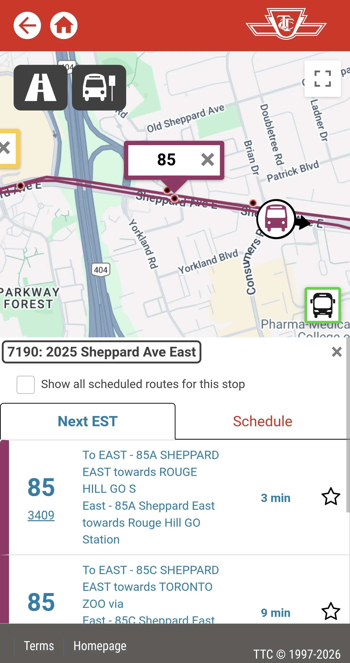 TTC official website: clicking a stop shows ETA predictions