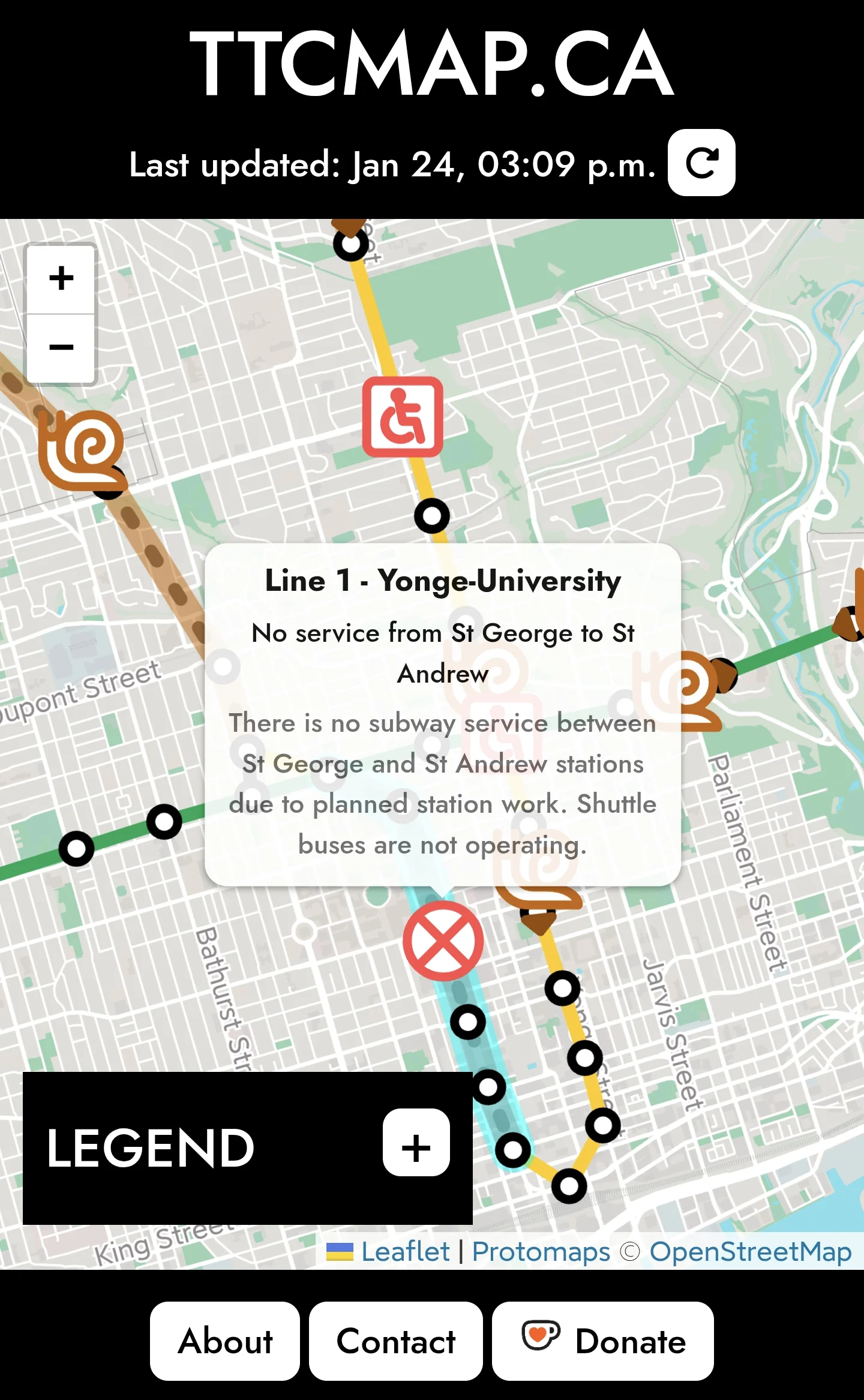 TTCmap screenshot: showing subway service changes